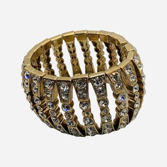 Vintage Shimmering Clear Rhinestone Sparkly Gold Tone Formal Stretch Bracelet - Picture 5 of 6